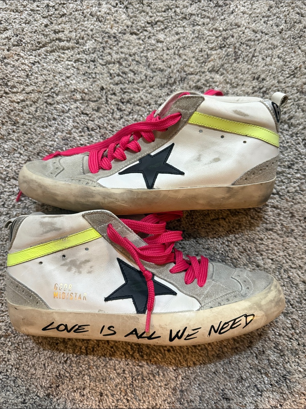 Golden Goose White Sneakers with Pink Laces and Neon Yellow Stripe